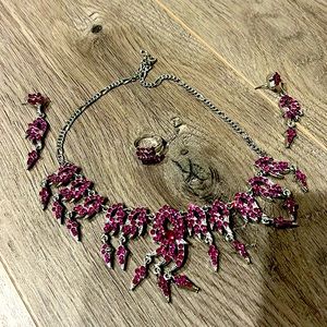 Silver base dark pink rhinestone jewelry set